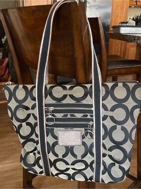 Coach Black & Cream Signature Canvas Tote with Pink-Trim Straps